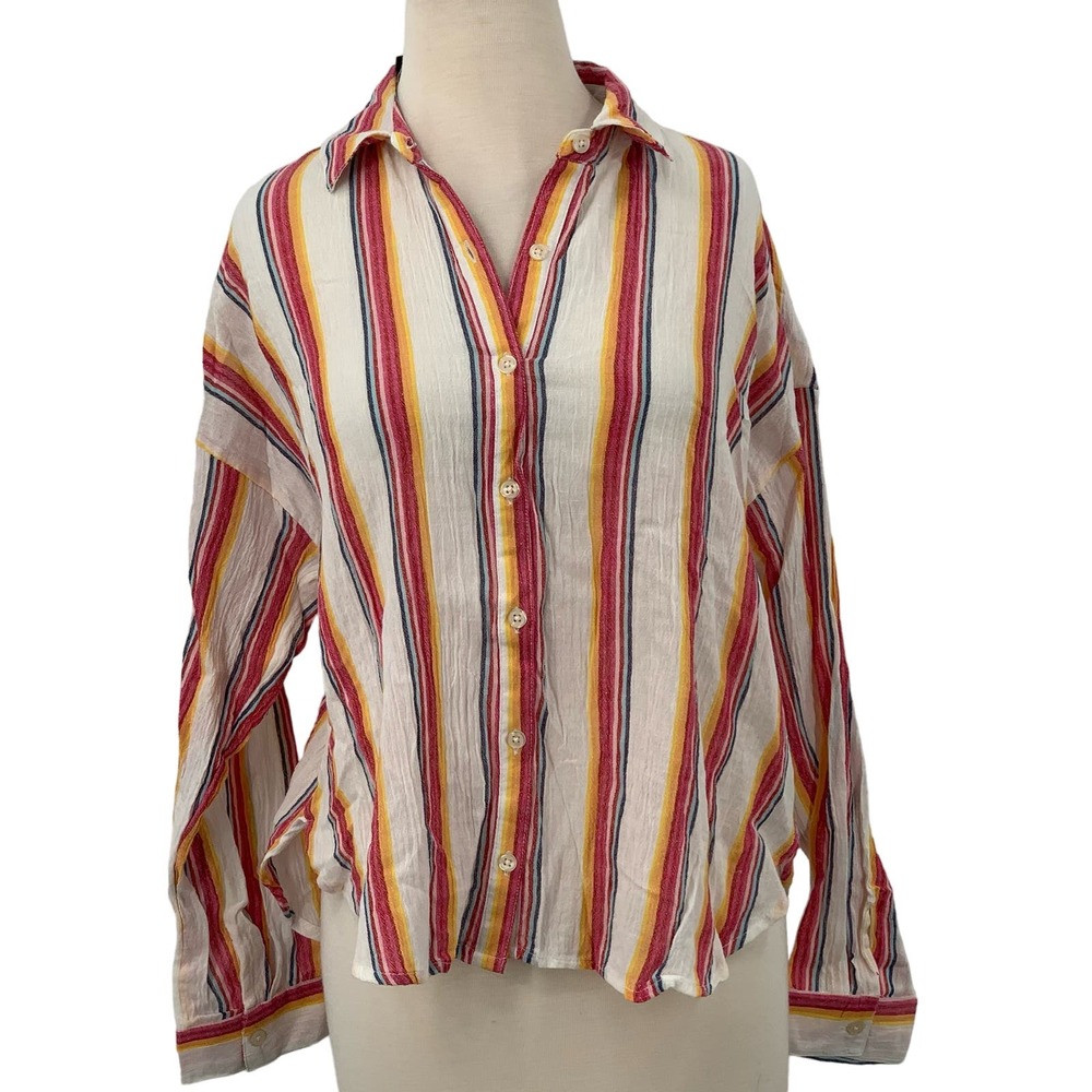NWT Forever 21 Long Sleeve Button Down Shirt Cream Pink Yellow Striped Crinkle S